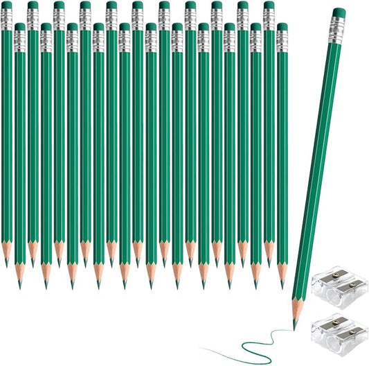 24PCS Erasable Colored Pencils with Eraser Pre Sharpened Pencil 2 HB - Ideal for Checking, Grading, Tests & Office/School Supplies (Green)