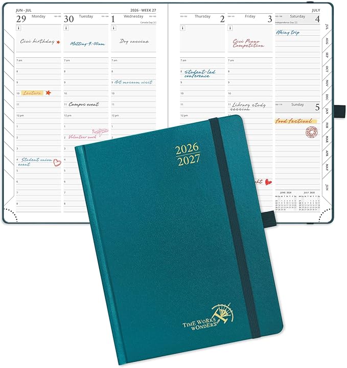 POPRUN 2026-2027 Academic Planner, 6.5" x 8.75", Weekly and Monthly Calendar, July 2026 to June 2027, Hardcover Appointment Book with Vertical Layout, Hourly Time Slots, Monthly Tabs - Pacific Green