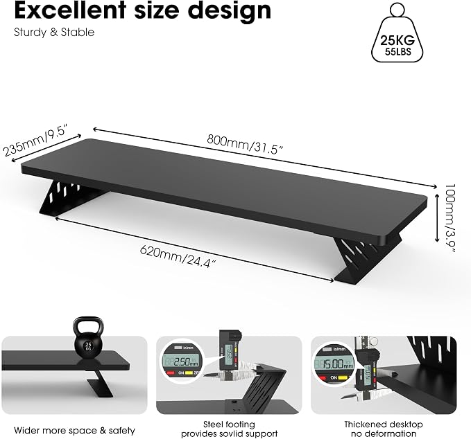 Fenge Monitor Stand Riser, Wooden & Metal Desk Shelf Organizer, Black | 31.5 Inch Computer Stand for Compact Work Station, Multifunctional Monitor Shelf for Laptop, PC, Printer