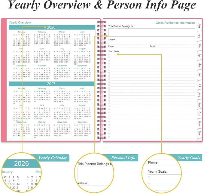 2026 Planner - Planner 2026 from January 2026 to December 2026 with 12 Monthly Tabs, Flexible Cover, Inner Pocket, 8.5" x 11", Pink