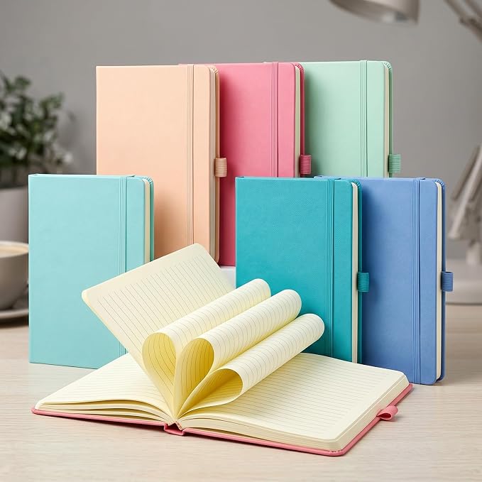 Laumoi 7 Pack Hardcover Journal Notebooks Bulk A5/A4/B5 Journaling Notebook Wide Ruled PU Leather Ruled Lined Journals with Pen Holder for School Business Work Writing (Rococo Color,A5)