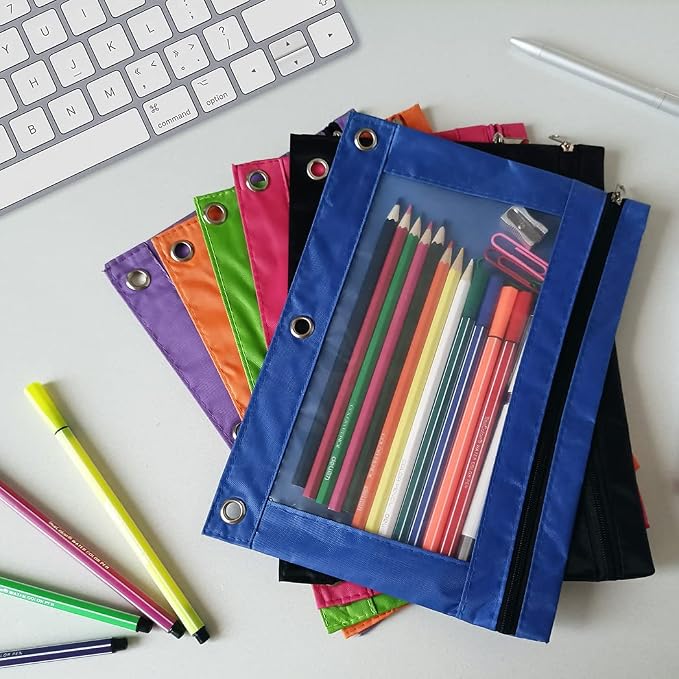 YoeeJob Binder Pouches for 3 Ring Binder, Pencil Pouch Pen Holder Case with Clear Window, Zipper Stationery Bag for School Class Office,24 Pack, Blue