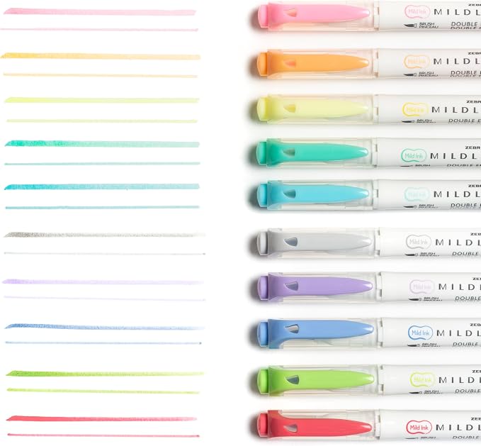 Zebra Pen MILDLINER No Bleed Brush Pen, Assorted Soft, Dual Tip, 10-Pack
