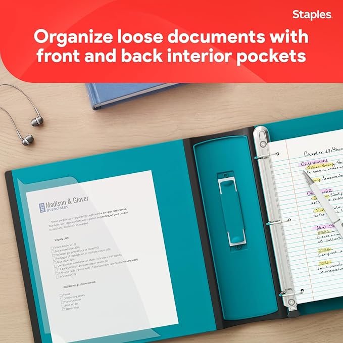Staples Heavy-Duty 3-Inch D-Ring Binder, Teal – Large Capacity 3-Ring Binder with Pockets, Holds Up to 600 Sheets