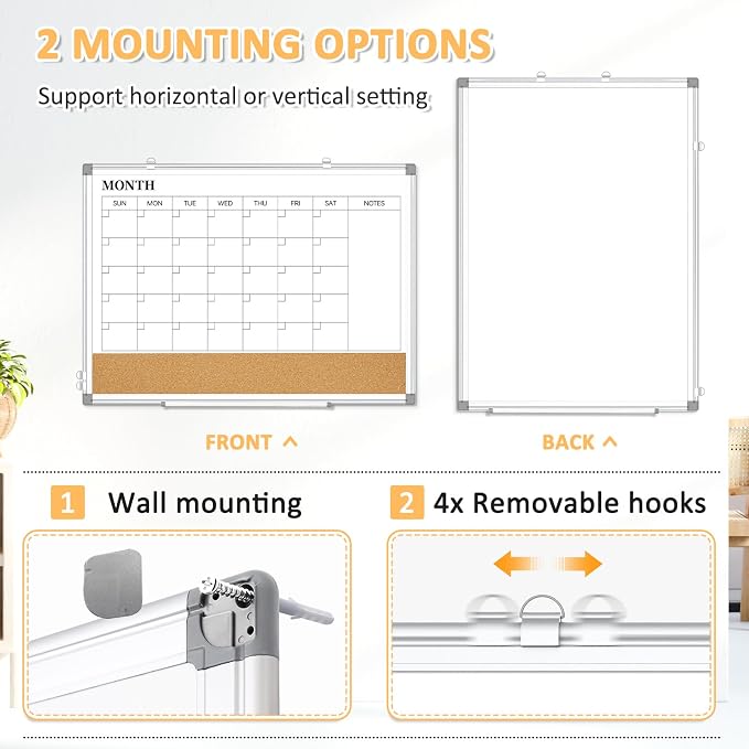 Monthly Dry Erase Calendar Whiteboard with Corkboard, 36" x 24", Silver | Magnetic, White Board Cork Board Combo, Double Sided, Wall Mounted, Aluminum Frame, for Home, Office, Kitchen, Dorm