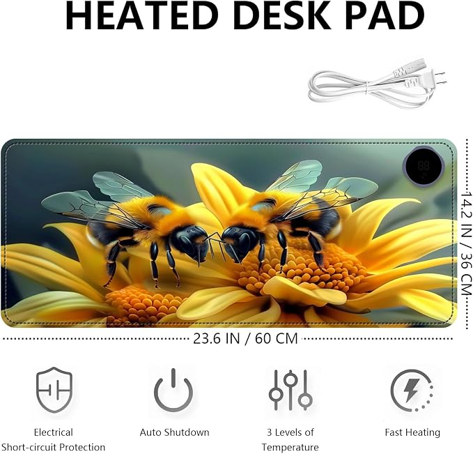 Heated Mouse Pad with 3 Levels Heated & 3 Hours Auto Shut-Off Mouse Pad for Warming Hands in Office Home, 23.6" x 14.2"Large Safe Desk Mat Hand Warmer，Bees Collect Honey