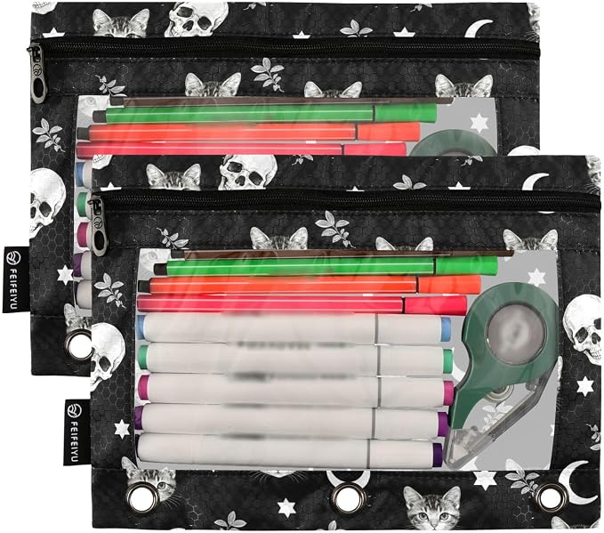 Skull Cat Moon Gothic Pencil Pouches for 3 Ring Binder, Zipper Binder Pencil Case, 2 Pack Clear Window Case Bag for Office Organizers