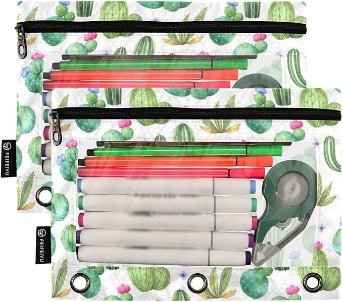 ALAZA Pencil Pouch for 3 Ring Binder, Watercolor Cactus Cacti Binder Pencil Pouches with Clear Window Zipper Pencil Case Cosmetic Bags for Office College Supplies, 2PCS