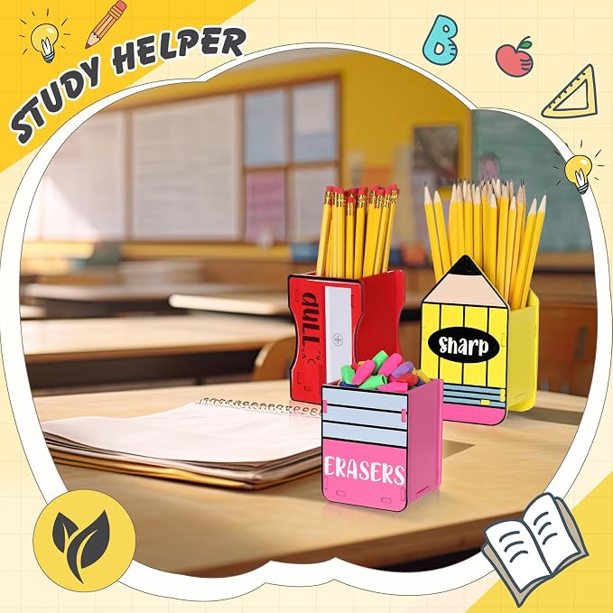 AmazingSpark 3 Pcs Pencil Shaped Holder Sharp and Eraser and Dull Holder Wooden Dispenser Pencil Storage Organizer for Back to School Management Organization (Bright,Dull)