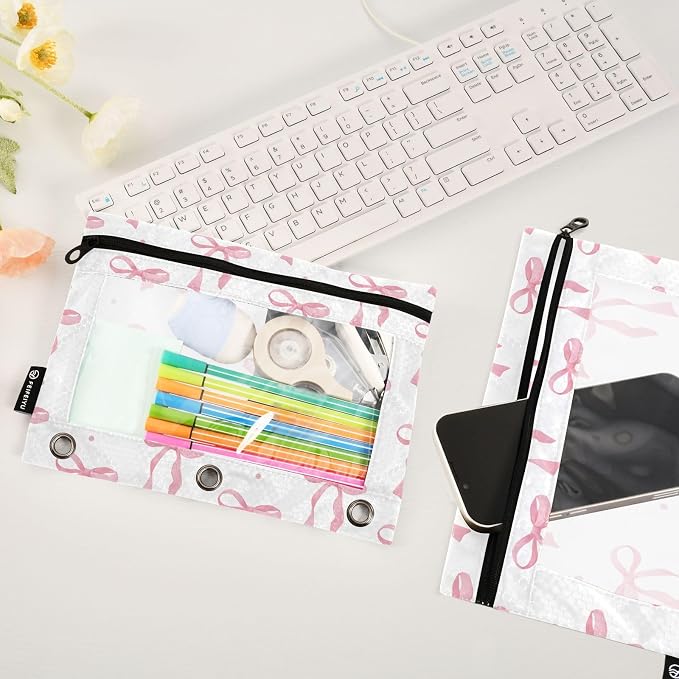 ALAZA Pencil Pouch for 3 Ring Binder, Cute Pinks Bow Binder Pencil Pouches with Clear Window Zipper Pencil Case Cosmetic Bags for Office College Supplies, 2PCS