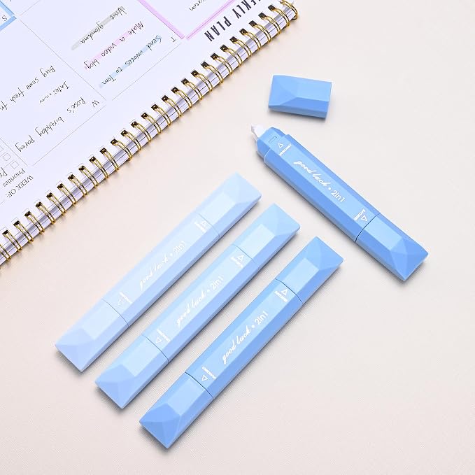 Temiary 4 Pcs 2 in 1 White Correction Tape and Double Sided Roller Set, Aesthetic Smooth Pull Out Tapes with Adhesive Glue Tape Roller Runner for School Office Supplies (Blue)