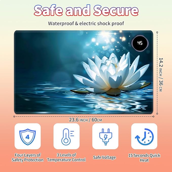 Heated Desk Pad Large Mouse Pad 23.6 x 14.1 inch with 3 Levels Heating & Auto Shut-Off Warm Mouse pad PU Leather Computer Mousepad for Home Office Work - White Lotus Floral Flower