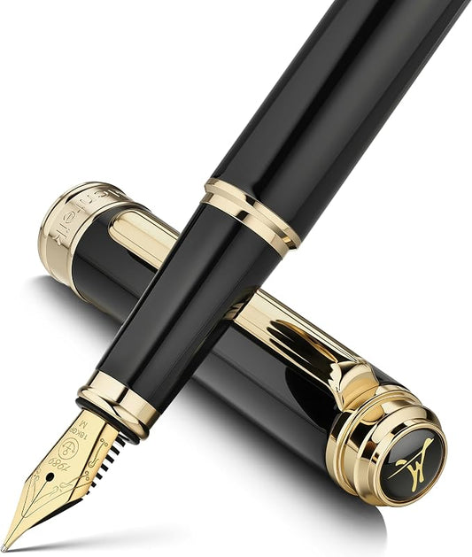 MCNTEIK 317 Fountain Pen,Stunning Luxury Piano Lacquer,18K Gilded Nib(Medium),Gorgeous 24K Gold Finish, Ink Converter,Trustworthy Gift for Men&Women-Elegant,Executive,Nice Pens for Writing, BK-M