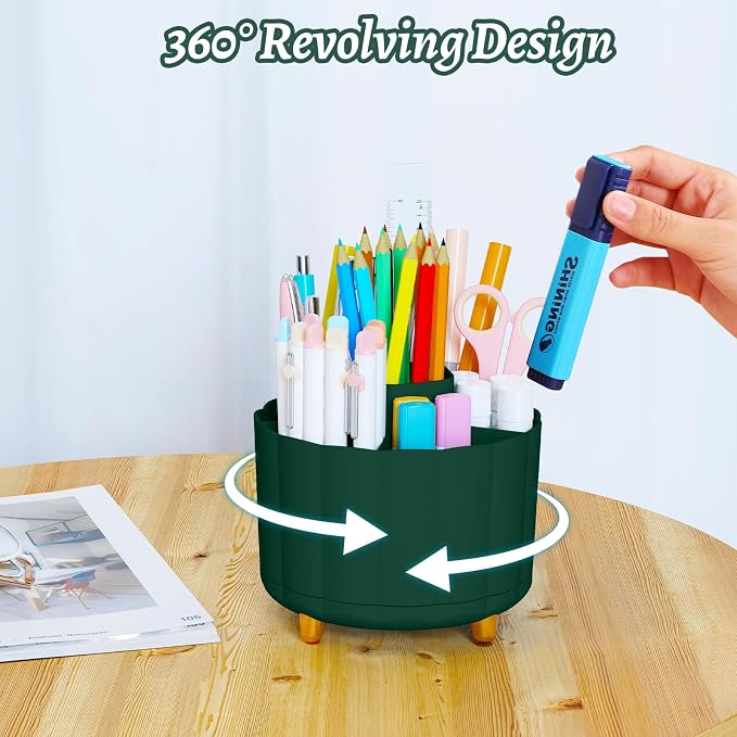 Desktop Organizer 360 Rotating, with 6 Slots Pen & Pencil Holder, Desk Caddy for Markers, pen, pencil, Space Saving Office Organization, Small Desk Essentials, Work Home, Green