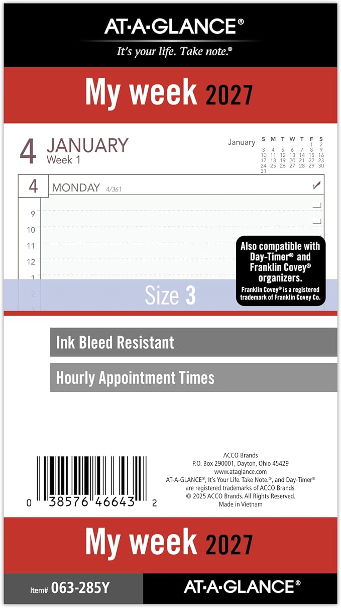 AT-A-GLANCE 2027 Planner Refill, Weekly, 3.75" x 6.75", Portable Size 3, 6-Ring Loose-Leaf (063-285Y-27)