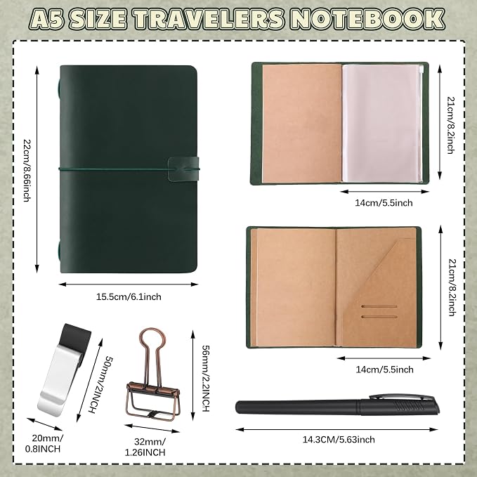 Thenshop Travelers Refillable Leather Journal Notebook Travel Diary Handmade Passport Travelers Journal for Men and Women with 3 Notebook Inserts, Pen Holder, Binder Clip(Green,A5 Size)