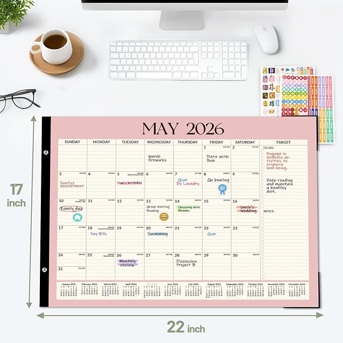 Forvencer Desk Calendar 2026-2027, 20 Months Calendar Runs from May 2026 to December 2027, 22" x 17" Large 2026 Desk Calendar Monthly Planner with Plastic Cover for Home School Office, Blue