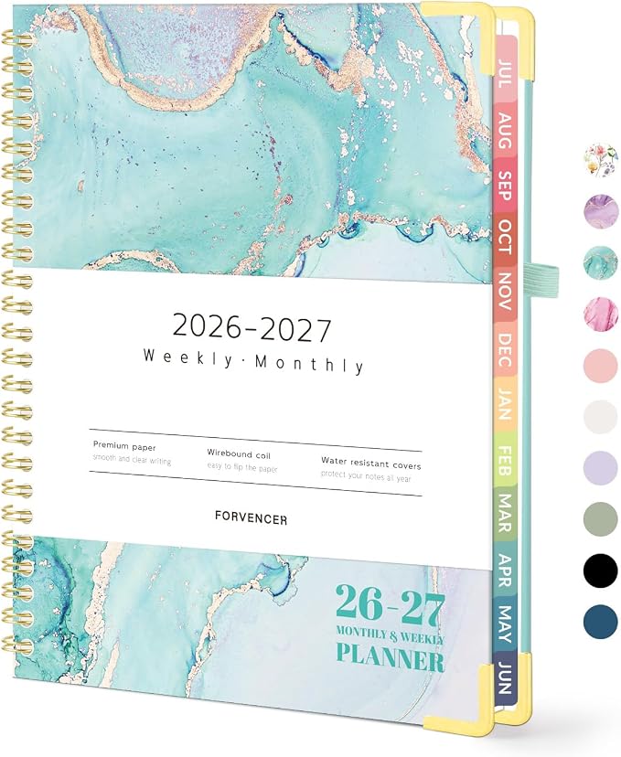 Forvencer Academic Planner 2026-2027, Hardcover Calendar Planner Weekly & Monthly, July 2026 - June 2027, 6" x 8", Daily Agenda with Tabs, College School Organizer for Student Teacher, Teal Marble