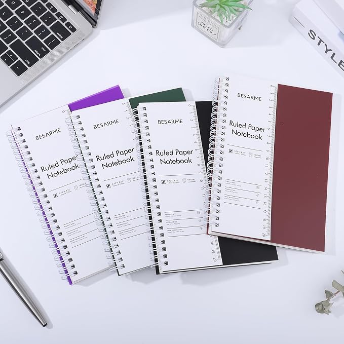 BESARME 4 Pack A5 College Ruled Spiral Notebooks, 5.7 x 8.22 Inch | 100gsm thick paper, waterproof cover, ruler insert, twin-wire binding, 160 pages each, for school or work