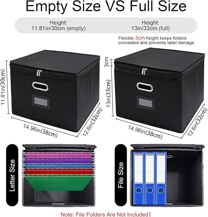 4 Pack File Organizer Boxes with Lids, Collapsible Document Storage Bin with Mesh Pockets & Zipper, Fits Letter/Legal Size Folders for Home Office Classroom Organization (Black, No Folders)