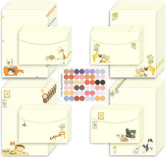 37 Pcs Stationery Paper Envelopes Set Includes 24 Lined Writing Paper & 12 Envelopes with 48 Colorful Round Dot Stickers, Cute Cat Letter Writing Stationery Paper Envelopes Gift (4Style)