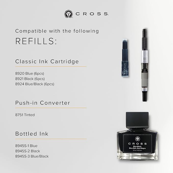 Cross Bailey Medalist Stainless Steel Medium Nib Fountain Pen - Professional Fountain Pen for Effortless Writing - Refillable - Black Ink - Gift-Ready