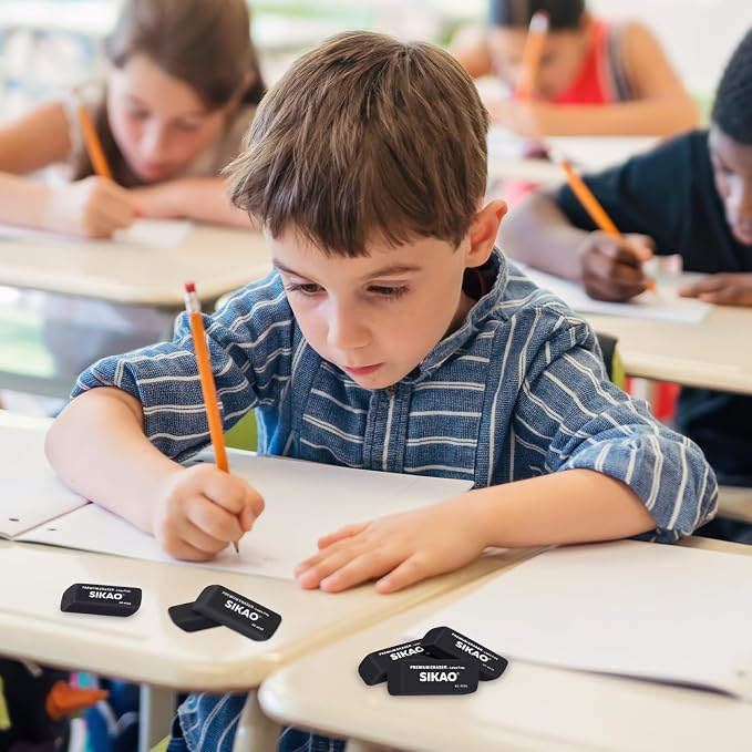 Black Erasers, 6 Pack Block Pencil Erasers | Latex-Free & Smudge-Free Beveled Rubber Erasers for School Supplies, Classroom, Office & Homework