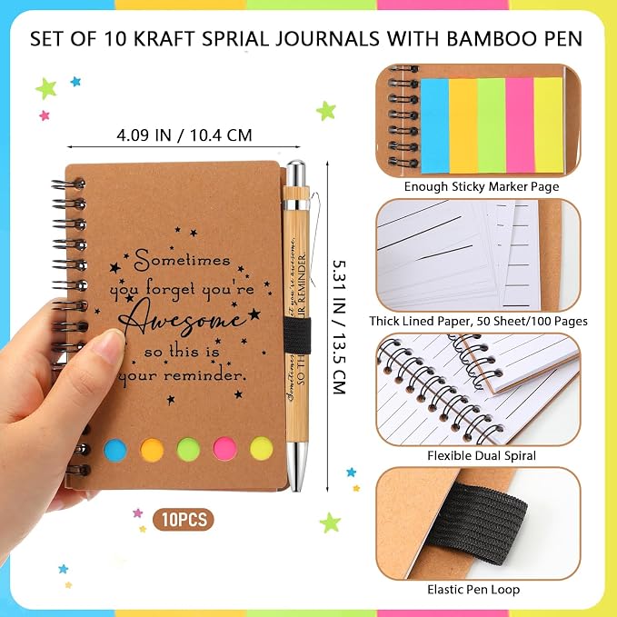 Chuangdi 10 Sets Back to School Teacher Gifts Appreciation Journal Inspirational Notebook with Sticky Notepad Ballpoint Pen Bulk Thank You Gifts for Student Staff Team Coworker Nurse(Kraft)