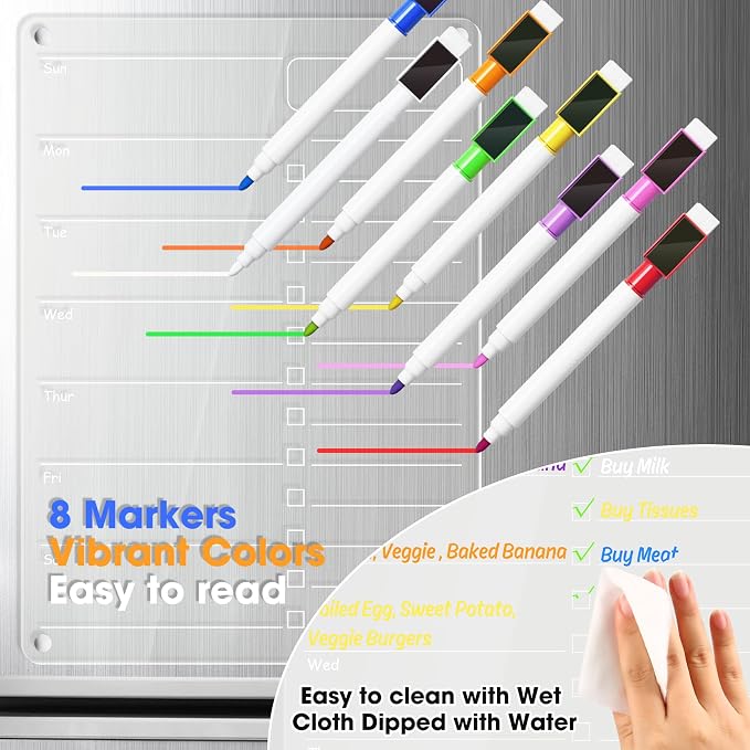 Acrylic Meal Planner Magnetic Menu Board for Kitchen Fridge Planning Board Grocery to Do List Shopping List w/ 8 Markers, Clear Weekly Calendar for Refrigerator Dry Erase Board, 12x9’’