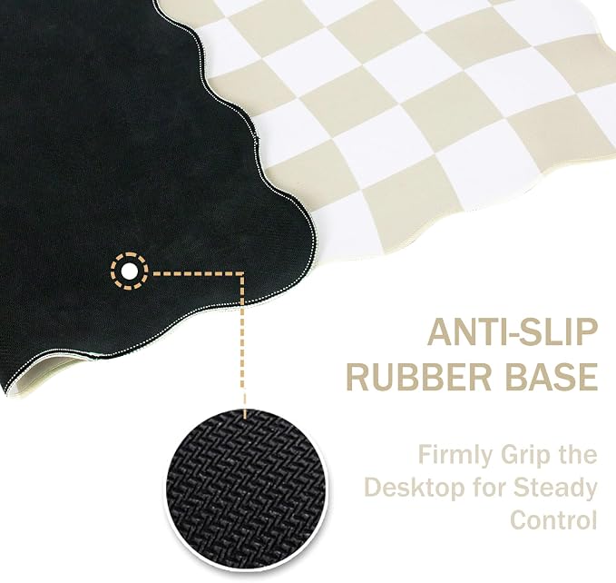 L-SPOUTTO Beige Checkered Mouse Pad,Scalloped Desk Mat XXL Large Geometric Gaming Mousepad,35.4x15.7in Non-Slip Rubber Base Keyboard Pad Waterproof Desktop Mat for Laptop Computer Game Home Office