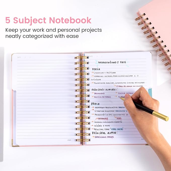 Yoment Hardcover Spiral Notebooks for Work School Note Taking, 6.1"x8.3" Journal Notebook with Tabs Dividers, Multi 5 Subject Notebook College Ruled, 200 Pages Lined Journal for Women, Pink