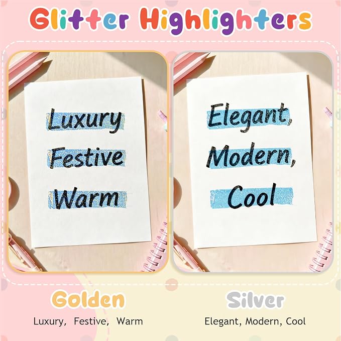 24 Glitter Highlighters, Metallic Chisel Tip Marker Pens | Pastel & Fluorescent Colors | Quick-Dry for Notes, Planners & DIY Crafts