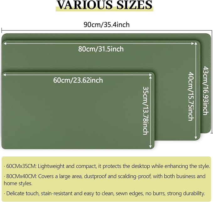 Olive Green Leather Desk Mat Large Mouse Pad, Waterproof Desk Pad for Keyboard and Mouse, Non-Slip Computer Desk Protector, Smooth Mouse Movement Desk Mat for Home and Office(35.4"×17")