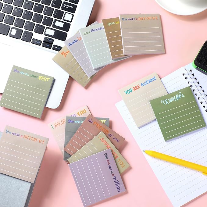 Yinder 12 Pcs Inspirational Sticky Notes, Back to School Supplies, Cute Motivational Sticky Notes Pad Employee Appreciation Gifts Bulk for Teacher Coworker Office 3 x 3'' (Appreciation,Boho Color)