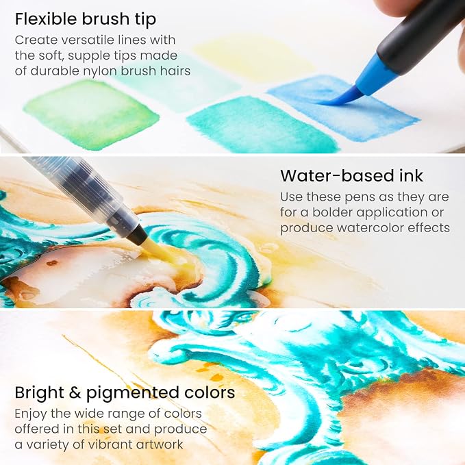 ARTEZA Real Brush Pens, 48 Colors, Watercolor Pens and Drawing Markers with Flexible Nylon Tips, Bonus Water Brush for Coloring, Sketching, Lettering and Art Journaling
