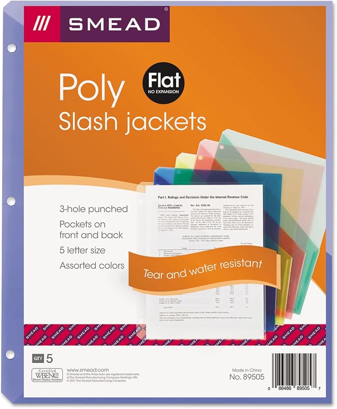 Smead Organized Up Poly Translucent Slash File Jacket, Three-Hole Punched, Letter Size, Assorted Colors, 5 Count