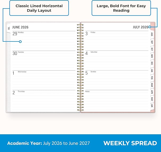 Blue Sky 2026-2027 Weekly & Monthly Academic Planner, 8.5"x11", Charlotte | July 2026 - June 2027, Large Print, Flexible Cover, Wirebound, Storage Pocket, Laminated Tabs, Academic Year