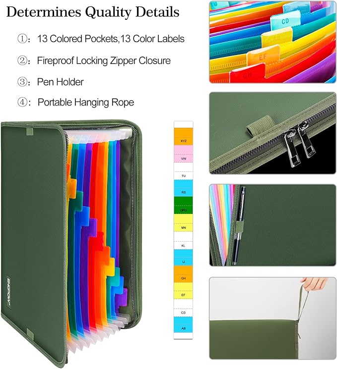 ENGPOW Expanding File Folder,Fireproof 13 Pockets Document Organizer Bag | Accordion File Organizer with Zipper＆Labels,Portable Home Travel Safe Storage for Important Files,Papers,Letter Size,Green