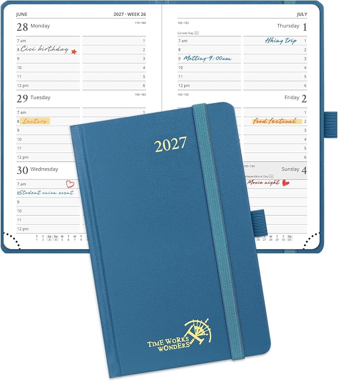 POPRUN Pocket Calendar 2027, 4" x 6.25" Pocket Calendar for Purse, Jan 2027 - Dec 2027 Small Planner, Weekly Appointment Book with Hourly Time Slots, Hardcover, 100 GSM - Night Sky Blue