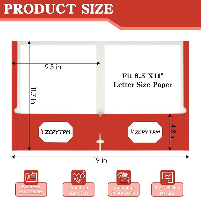 VZCPYTPM 50 Pack Red Folders with Pockets,2 Pocket File Folders | Fit Letter Size (8.5 x 11 Inch),Professional Design with Business Card Slot for Office and School Organization