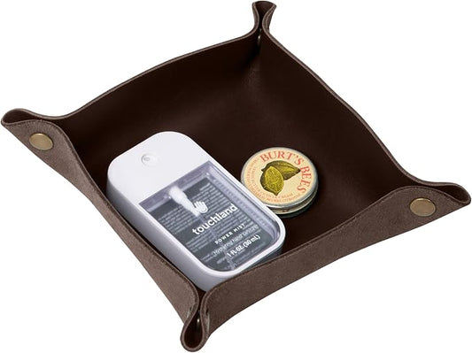 Genuine Leather Valet Tray | Desk Organizer | Catchall Tray | Full Grain Leather. Dimensions 6 x 6 x 1.75”. Made in the USA