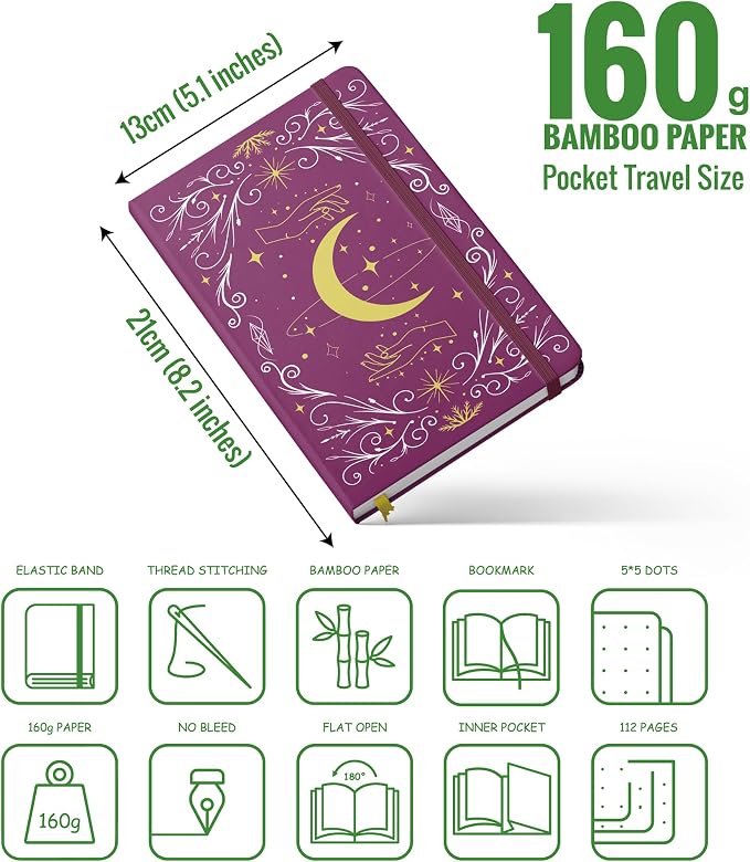 BUKE A5 Dotted Journal – 160gsm Ultra Bamboo Paper, Moon & Star Foil Cover, Flat Lay Notebook with Gift Box – 160 Pages, 5mm Dot Grid, Faux Leather Hardcover (Red)