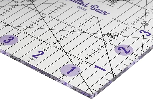 The Quilted Bear Square Quilting Ruler, Transparent Acrylic, 5" x 5" | Non-Slip, Precise Bold Lines, 30, 45 & 60 Degree Angles, 3mm Thick Transparent Acrylic, for Quilt Blocks, Sewing & Craft