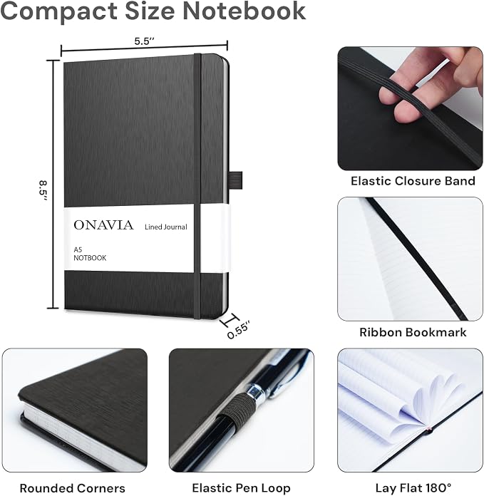 ONAVIA A5 Notebooks for Work, Lined Journal, 3 Pack, 160 Pages, Black | 80 Sheets, 5.8 x 8.3 in, Lay Flat, College Ruled, A5 Hardcover Journal, Lined Notebook for Work, School, Note Taking