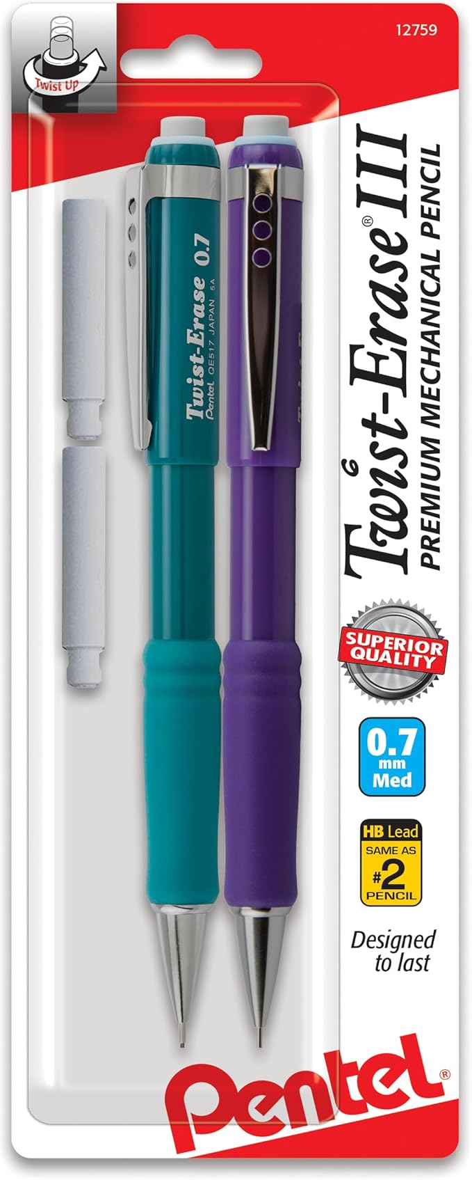 Pentel Twist-Erase III Mechanical Pencil,(0.7mm),Assorted Barrel Colors with Eraser Refills (QE517BP2),(Pack of 4)