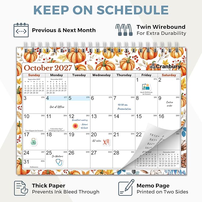 CRANBURY Small Desk Calendar 2026-2027 Standing Flip, 8" x 6", July 2026 to Dec 2027, Desktop Calendar with Stickers, Academic Year, Personal Desk Planner for School & Office