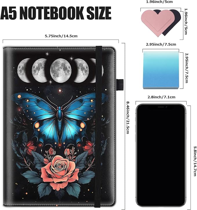 Hardcover Executive Notebooks, A5 PU Leather Lined Journal Notebook, 200 Pages Thick Paper Subject Notebooks for School,Work,Home Writing Business Notebook, Diary Book ，Butterfly Moon