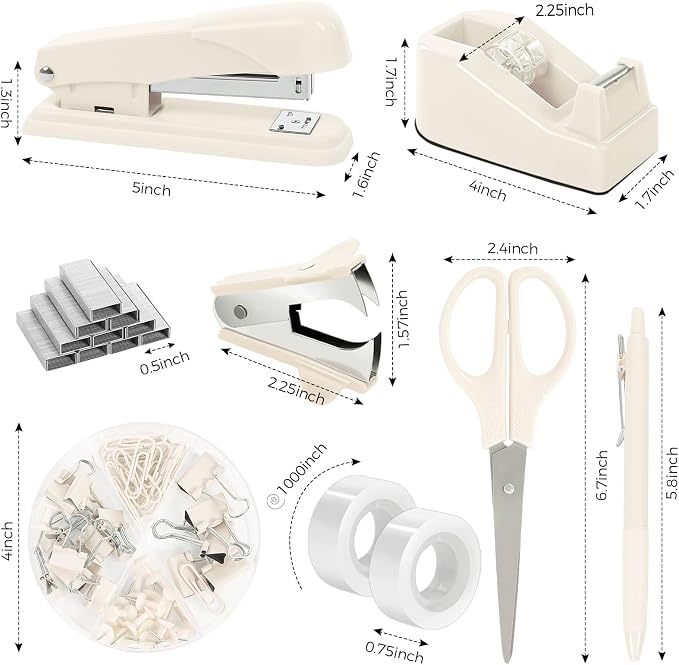 Office Supplies Set – All-in-One Desk Accessories Kit with Stapler, Tape Dispenser, Scissors, Clips & Remover, Cute Desk Organizer Set for Home Office, School & Workspace Organization