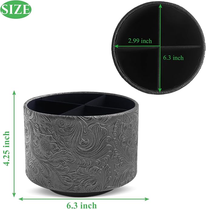 lizimandu Round Leather Art Supply Organizer,Remote Control Holder,360 Degree Spinning,Multi-Functional Pencil Holder,4 Compartments Desktop Stationary Organizer(1-Carved Black)