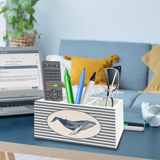 Coastal Beach Whale Pen Pencil Holder Organizer for Desk, Beach Office Decor, Blue Striped Marine Biology Ocean Wooden Box Signs Decorations for Home Office Desk Tabletop, Whale Gifts